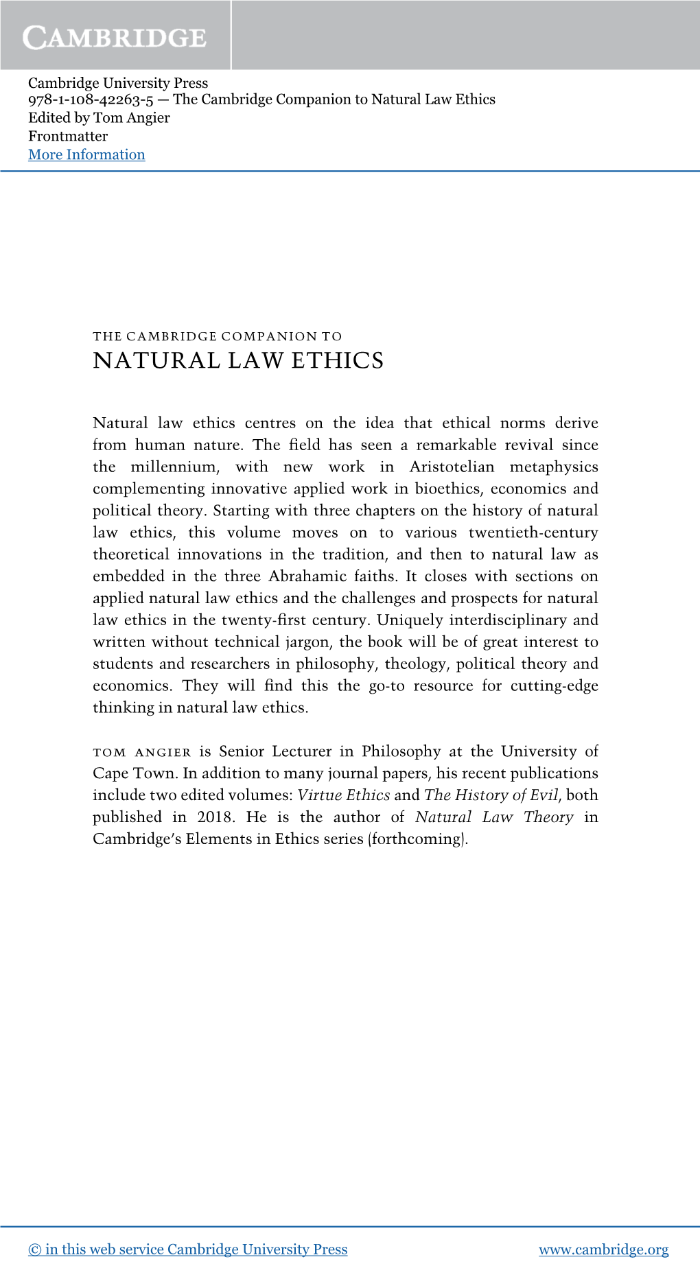 Natural Law Ethics Edited by Tom Angier Frontmatter More Information