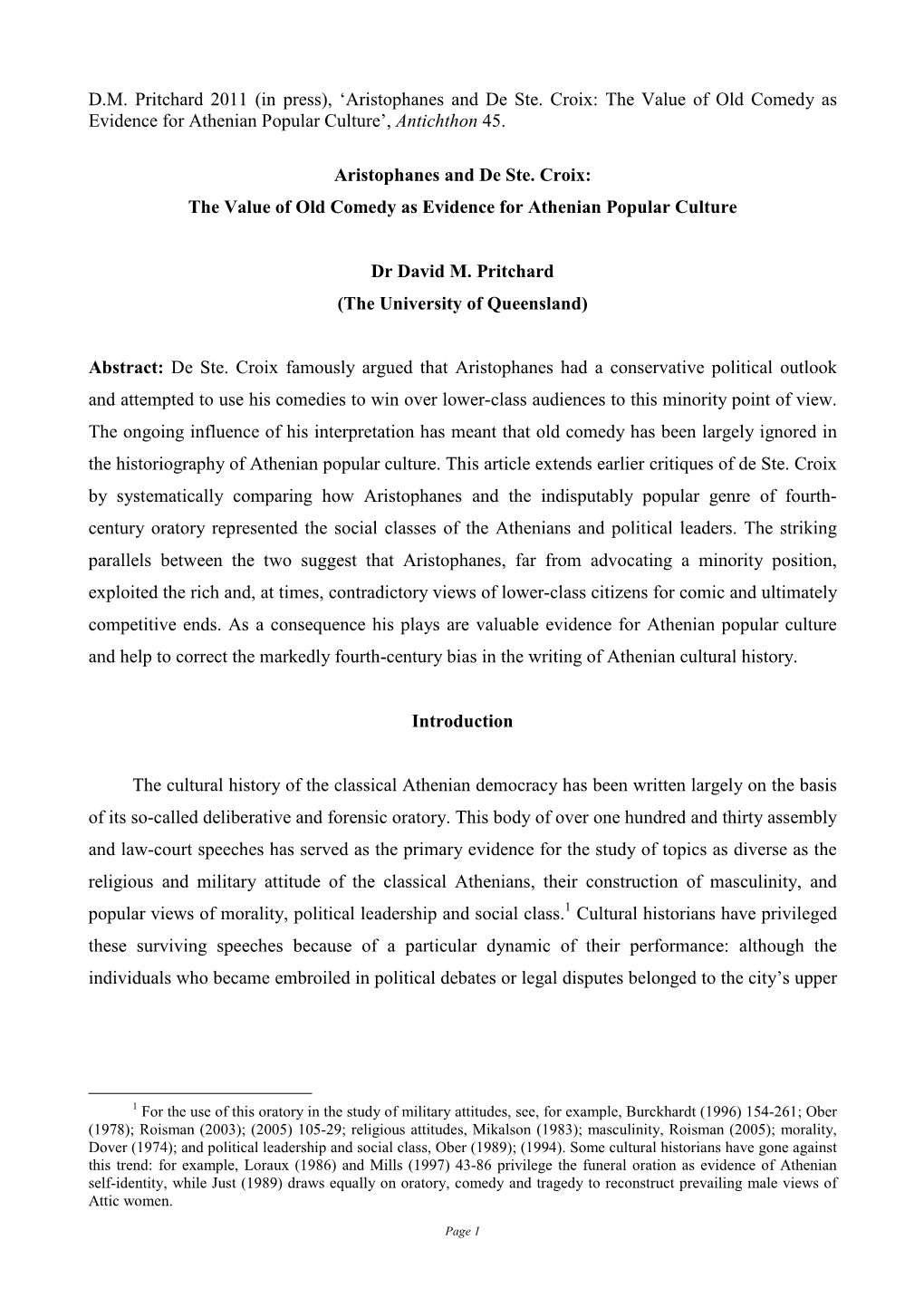 Aristophanes and De Ste. Croix: the Value of Old Comedy As Evidence for Athenian Popular Culture’, Antichthon 45