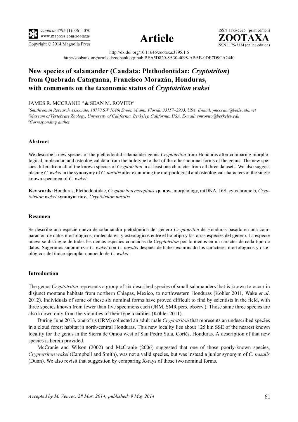 Caudata: Plethodontidae: Cryptotriton) from Quebrada Cataguana, Francisco Morazán, Honduras, with Comments on the Taxonomic Status of Cryptotriton Wakei