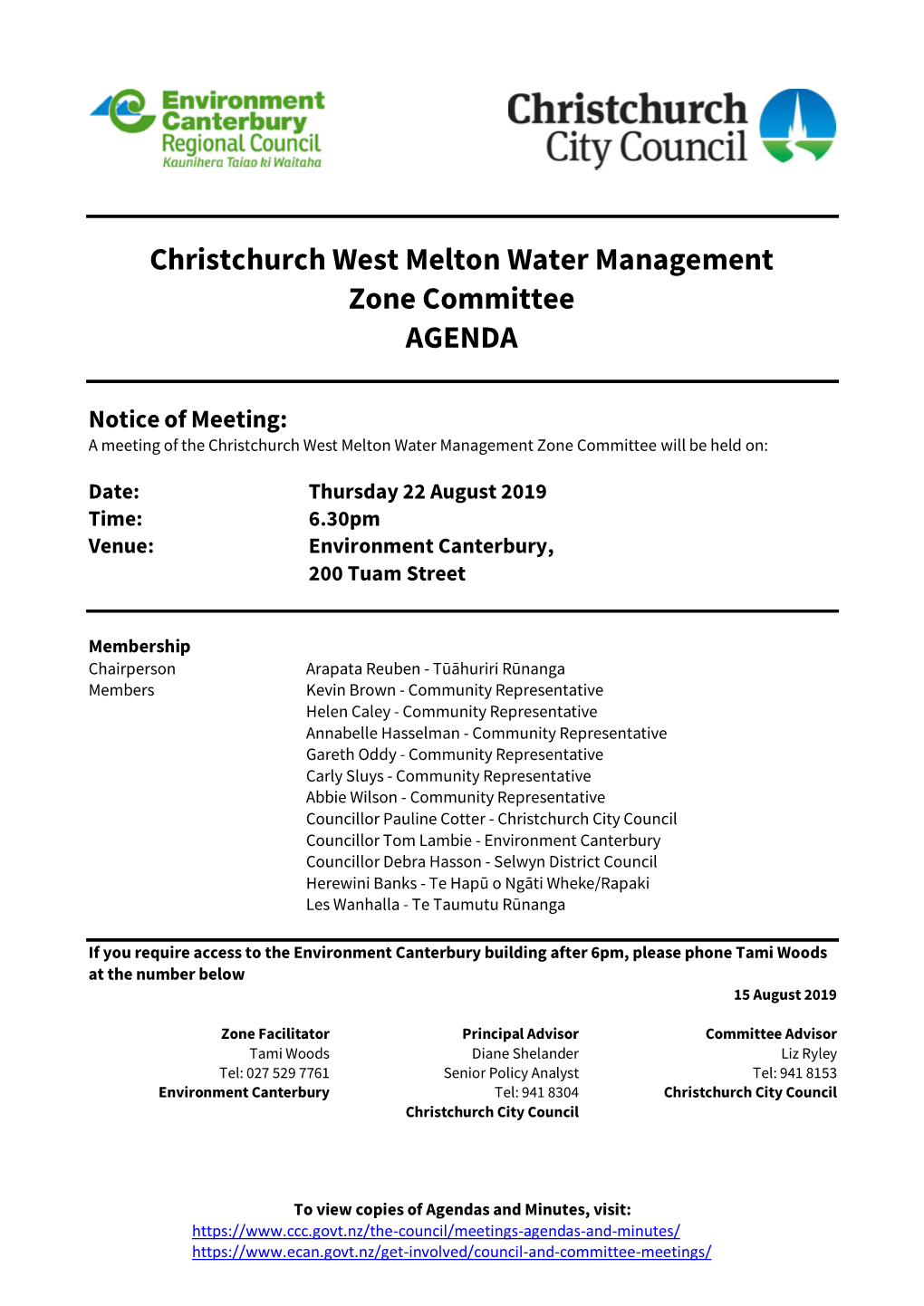 Agenda of Christchurch West Melton Water Management Zone Committee