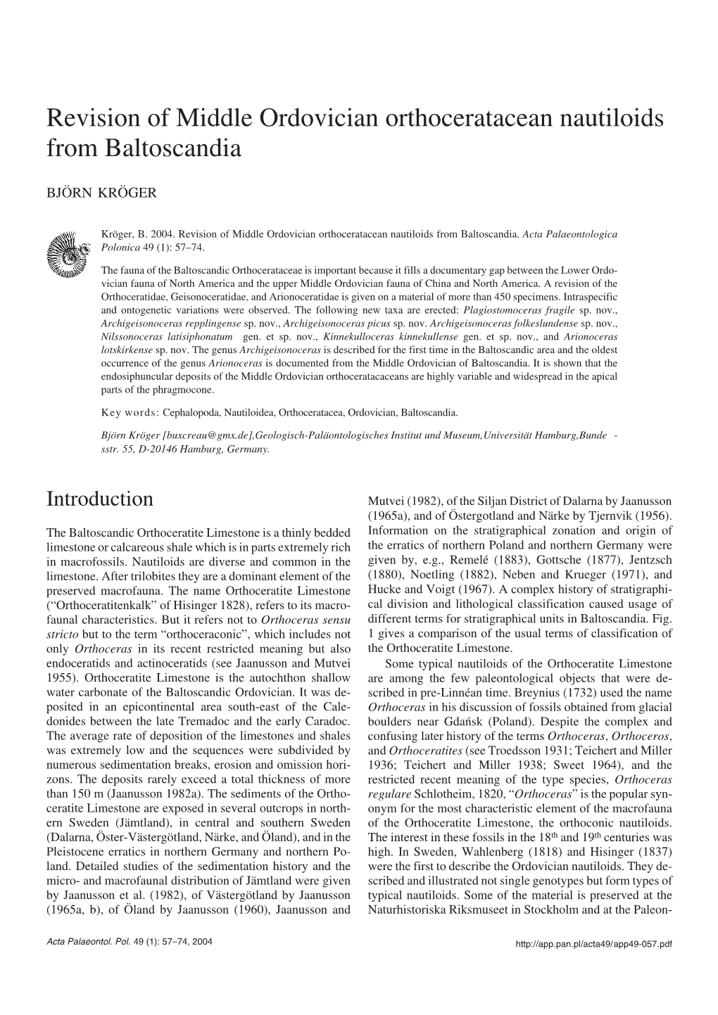 Revision of Middle Ordovician Orthoceratacean Nautiloids from Baltoscandia