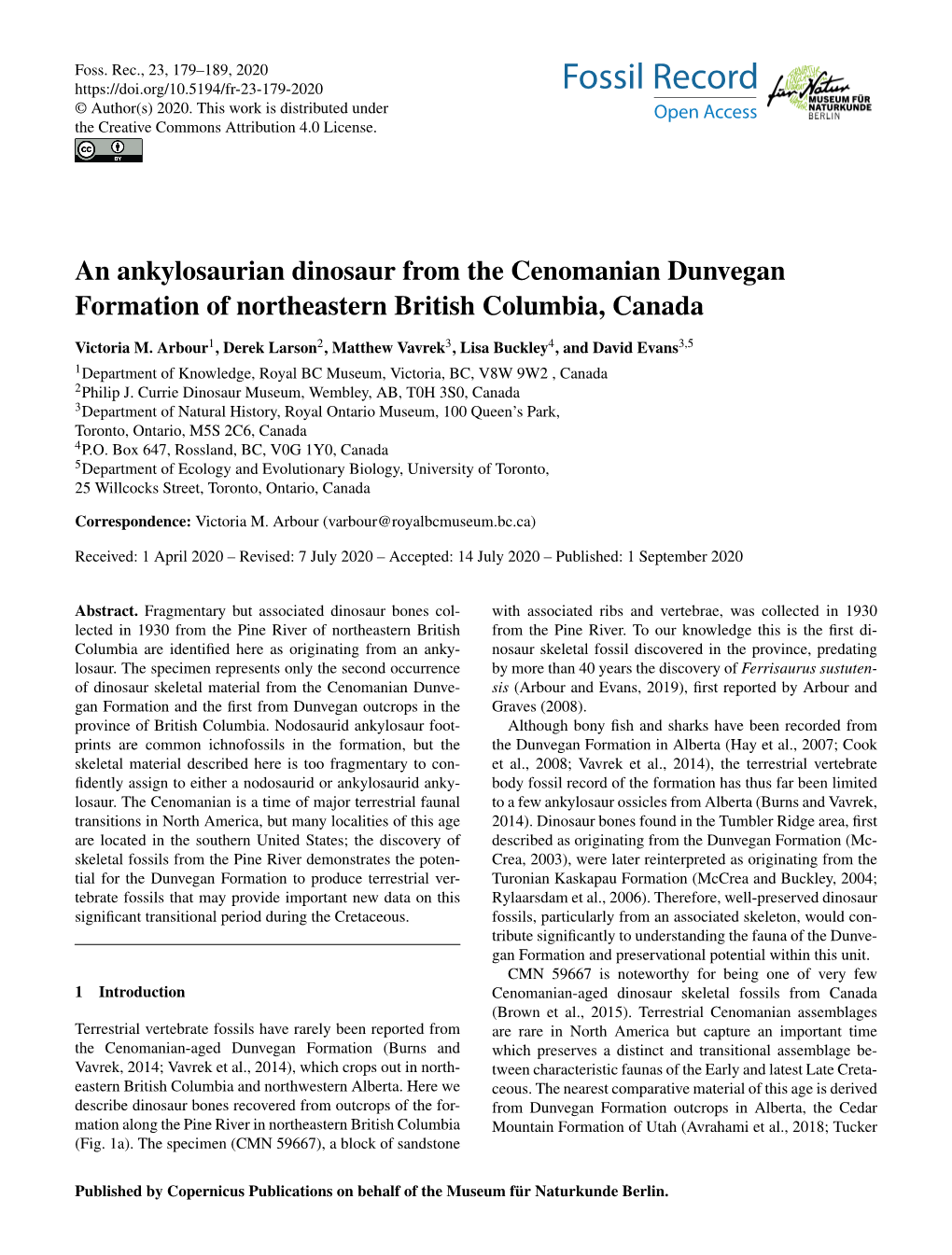 An Ankylosaurian Dinosaur from the Cenomanian Dunvegan Formation of Northeastern British Columbia, Canada