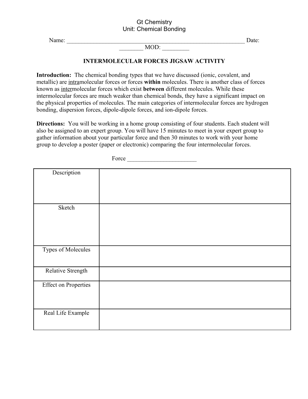 Intermolecular Forces Jigsaw Activity