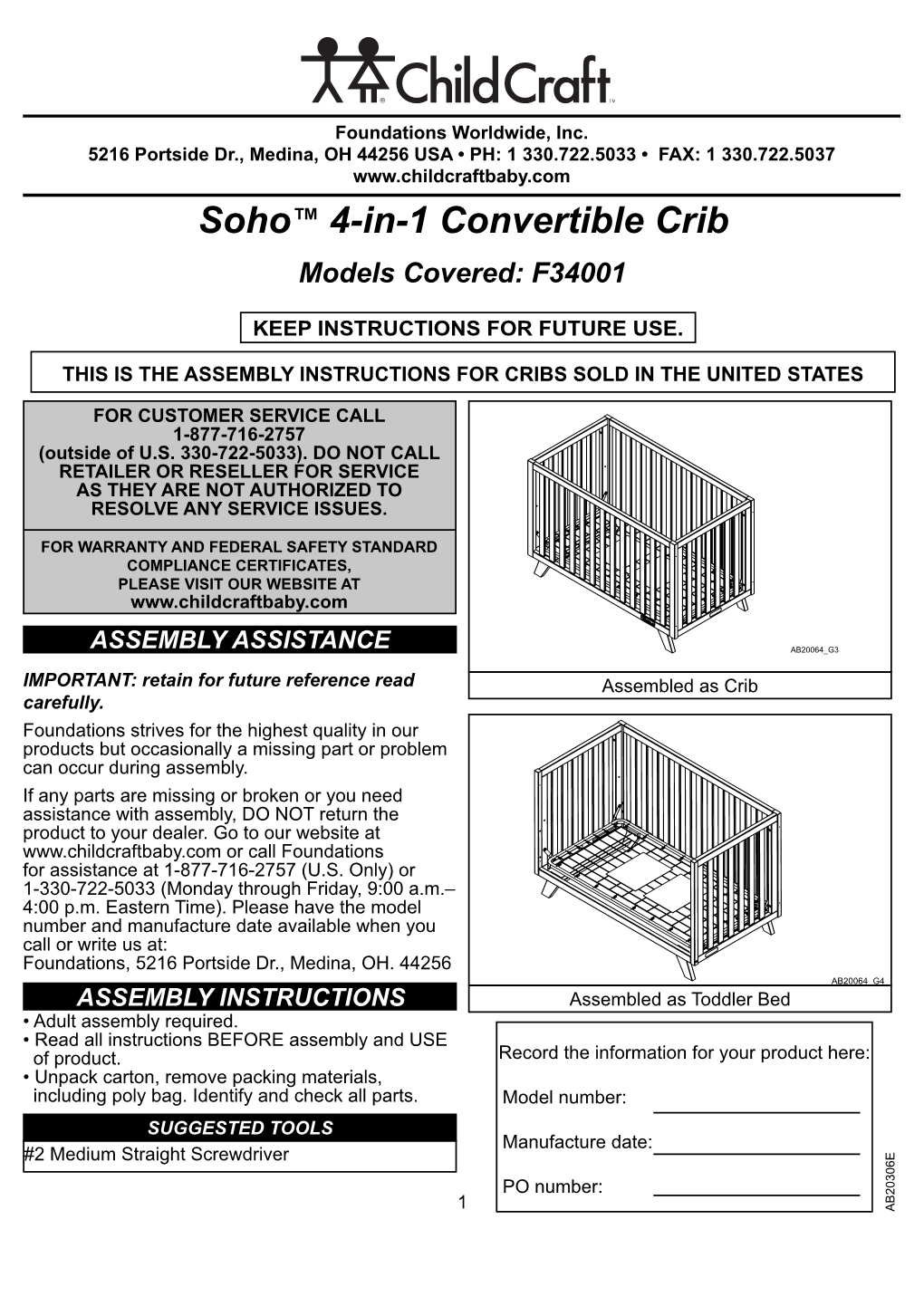 Soho™ 4-In-1 Convertible Crib Models Covered: F34001