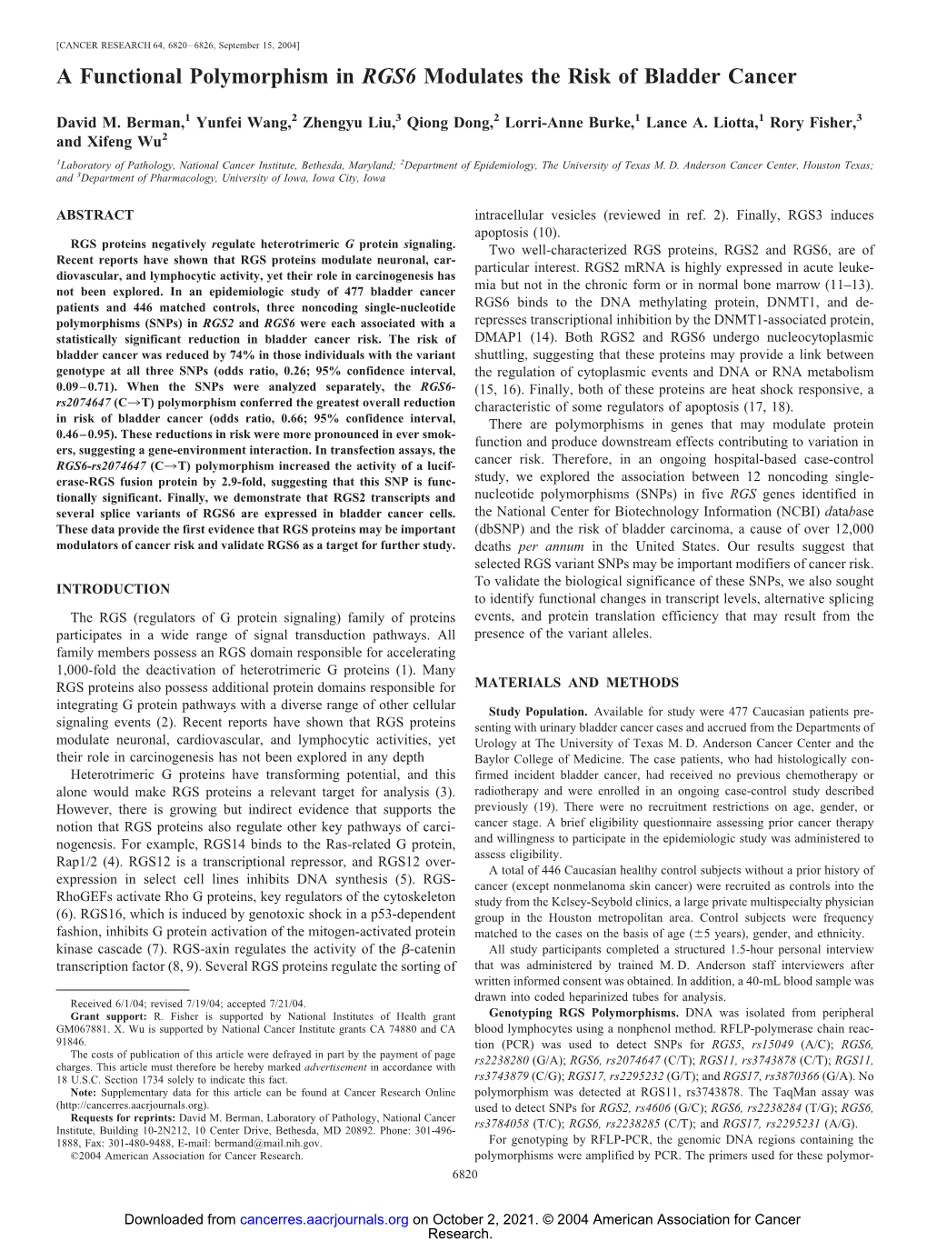 A Functional Polymorphism in RGS6 Modulates the Risk of Bladder Cancer