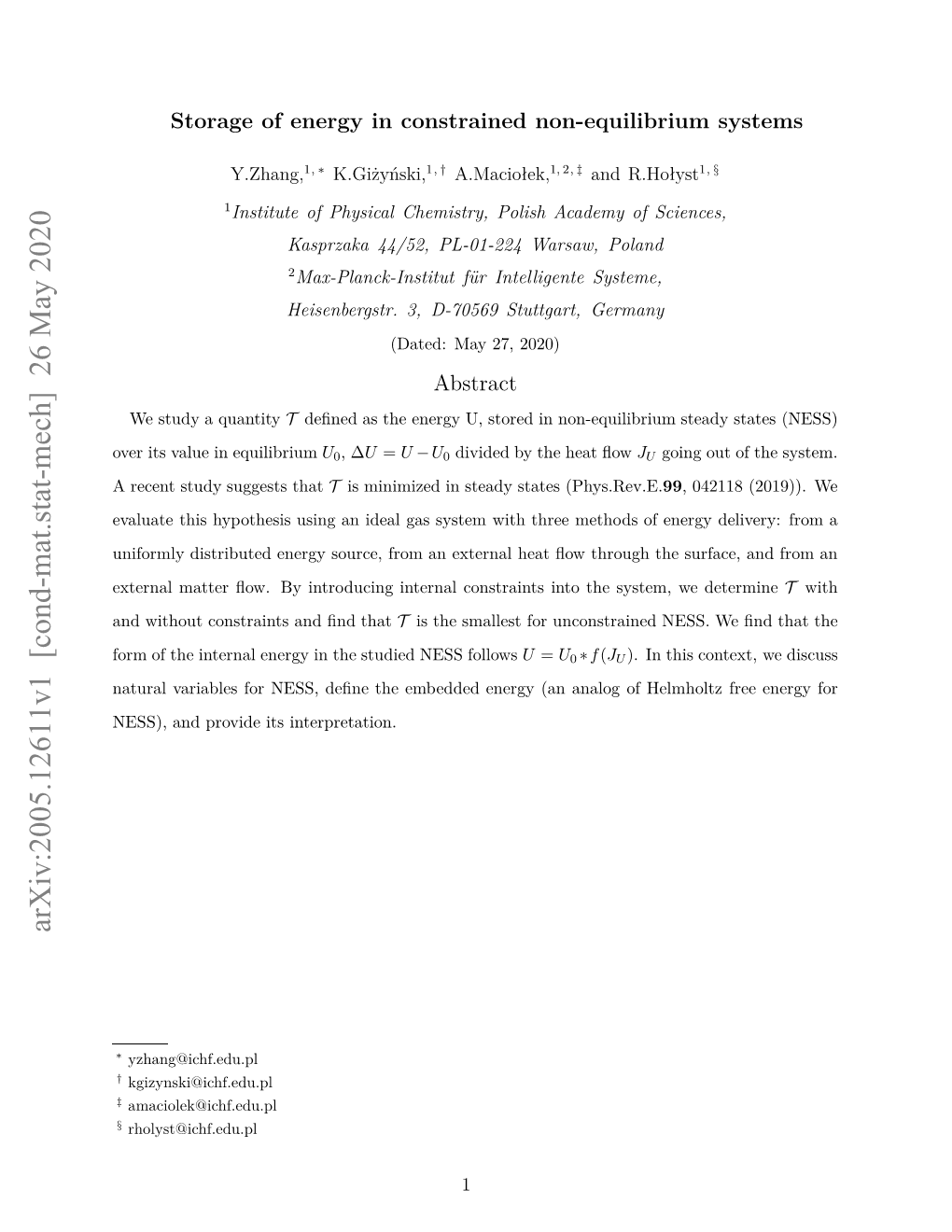 Arxiv:2005.12611V1 [Cond-Mat.Stat-Mech] 26 May 2020 Eetsuysget That Suggests Study Recent a Xenlmte O.B Nrdcn Nenlcntansi Constraints Internal Introducing by ﬂow