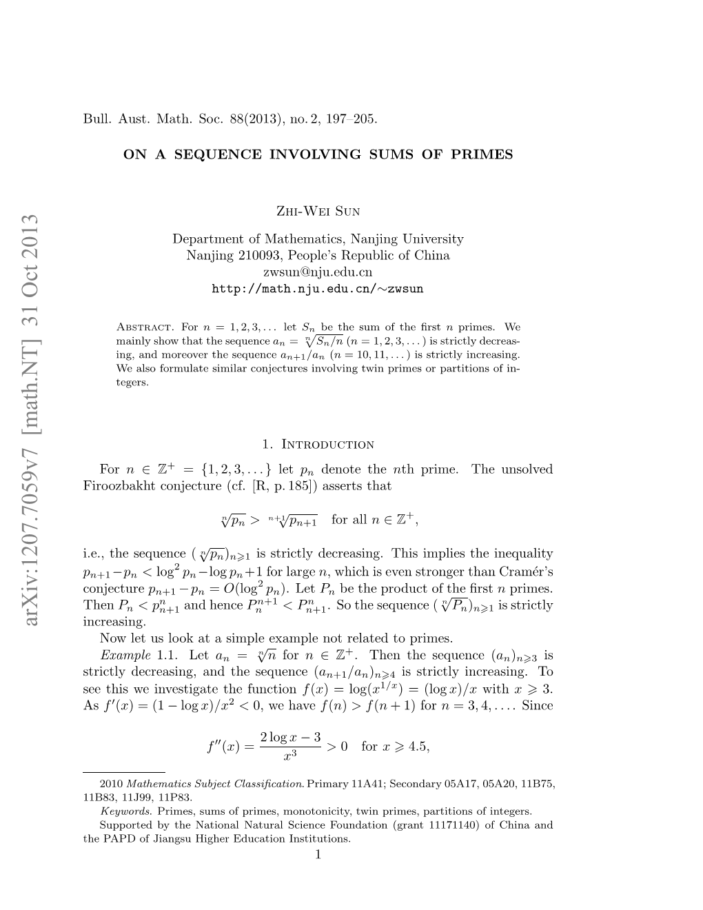 Arxiv:1207.7059V7 [Math.NT] 31 Oct 2013 Titydcesn,Adtesqec ( Sequence the and Decreasing, Strictly E Hsw Netgt H Function the Investigate We This See Increasing