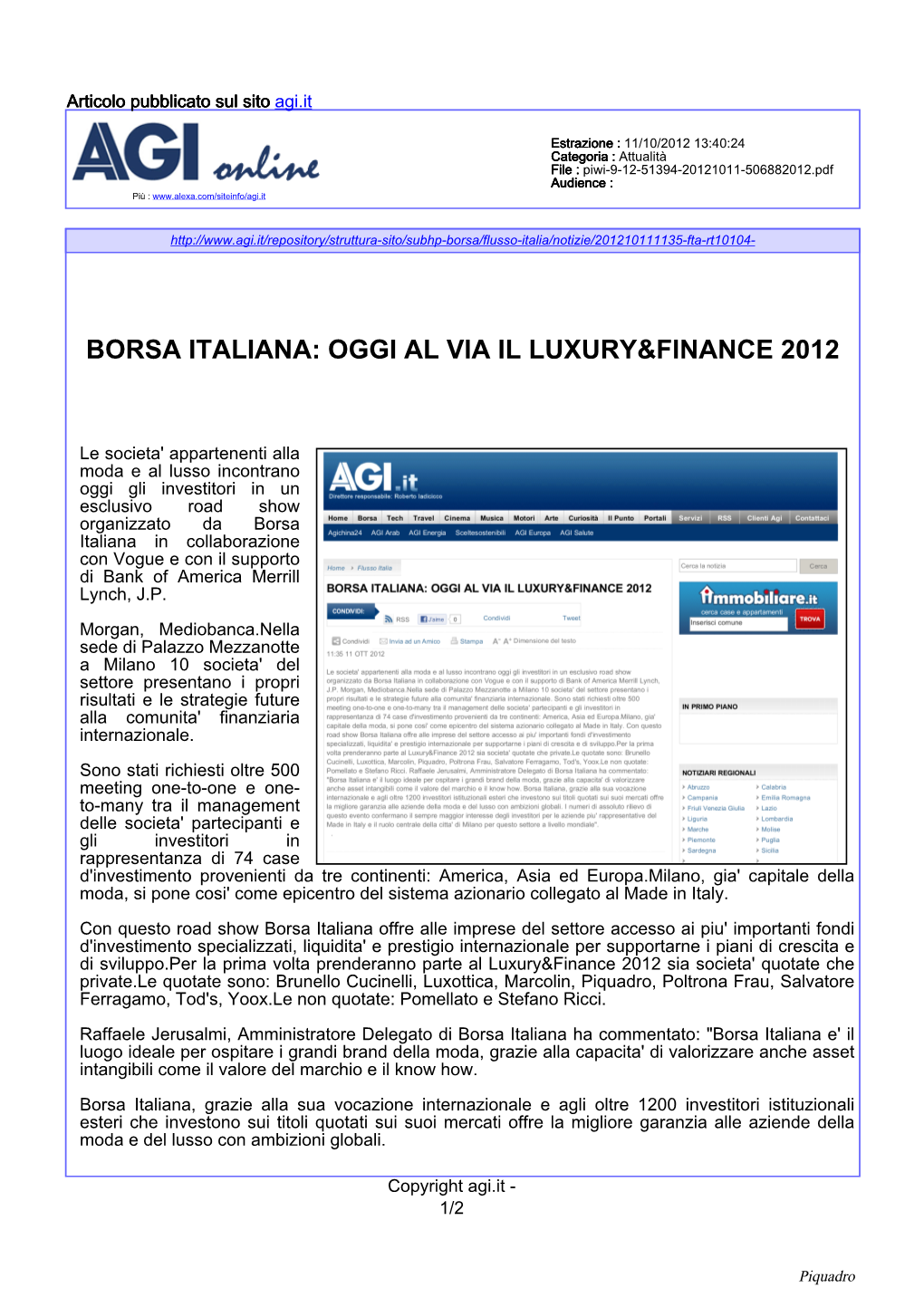 Borsa Italiana: Oggi Al Via Il Luxury&Finance 2012