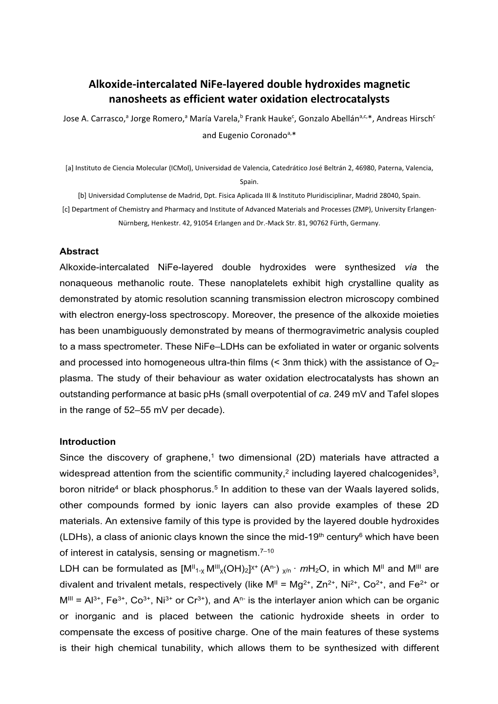 Alkoxide-Intercalated Nife-Layered Double Hydroxides Magnetic Nanosheets As Efficient Water Oxidation Electrocatalysts Jose A