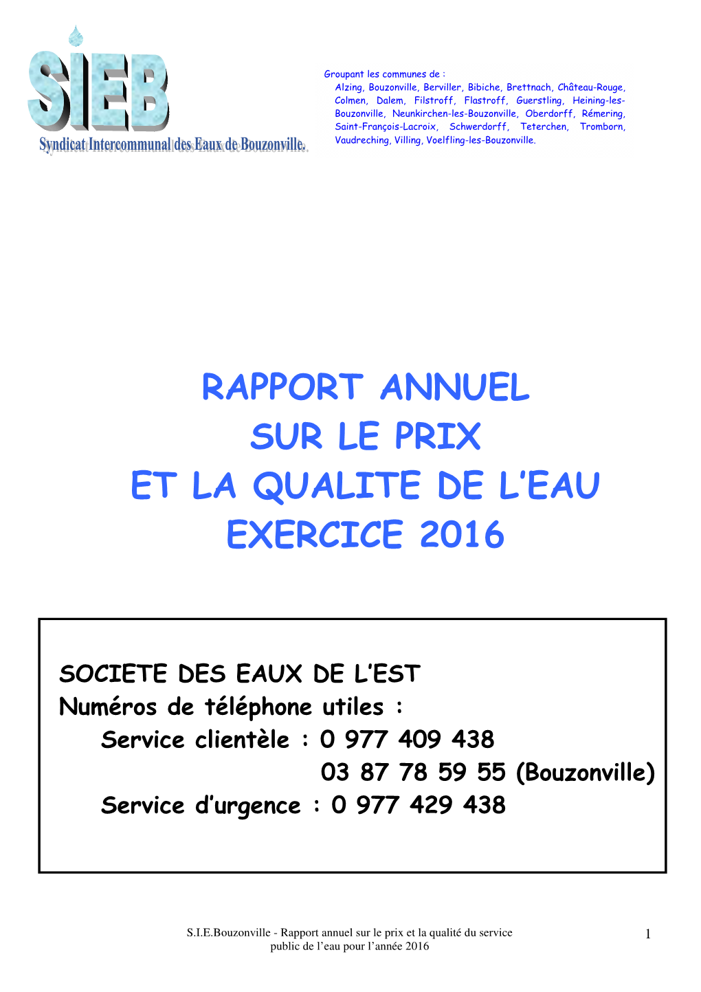 Rapport Annuel Sur Le Prix Et La Qualite De L'eau Exercice