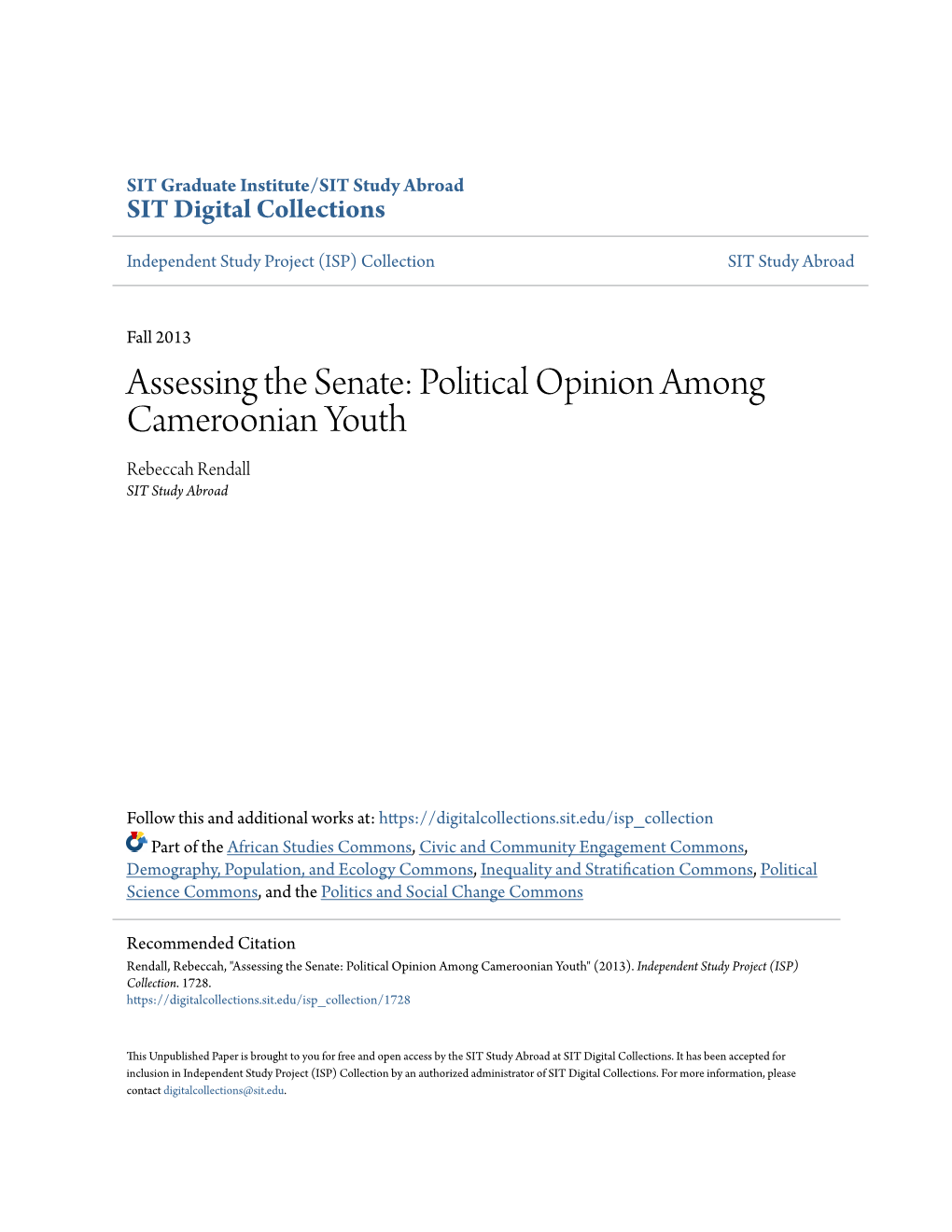 Assessing the Senate: Political Opinion Among Cameroonian Youth Rebeccah Rendall SIT Study Abroad