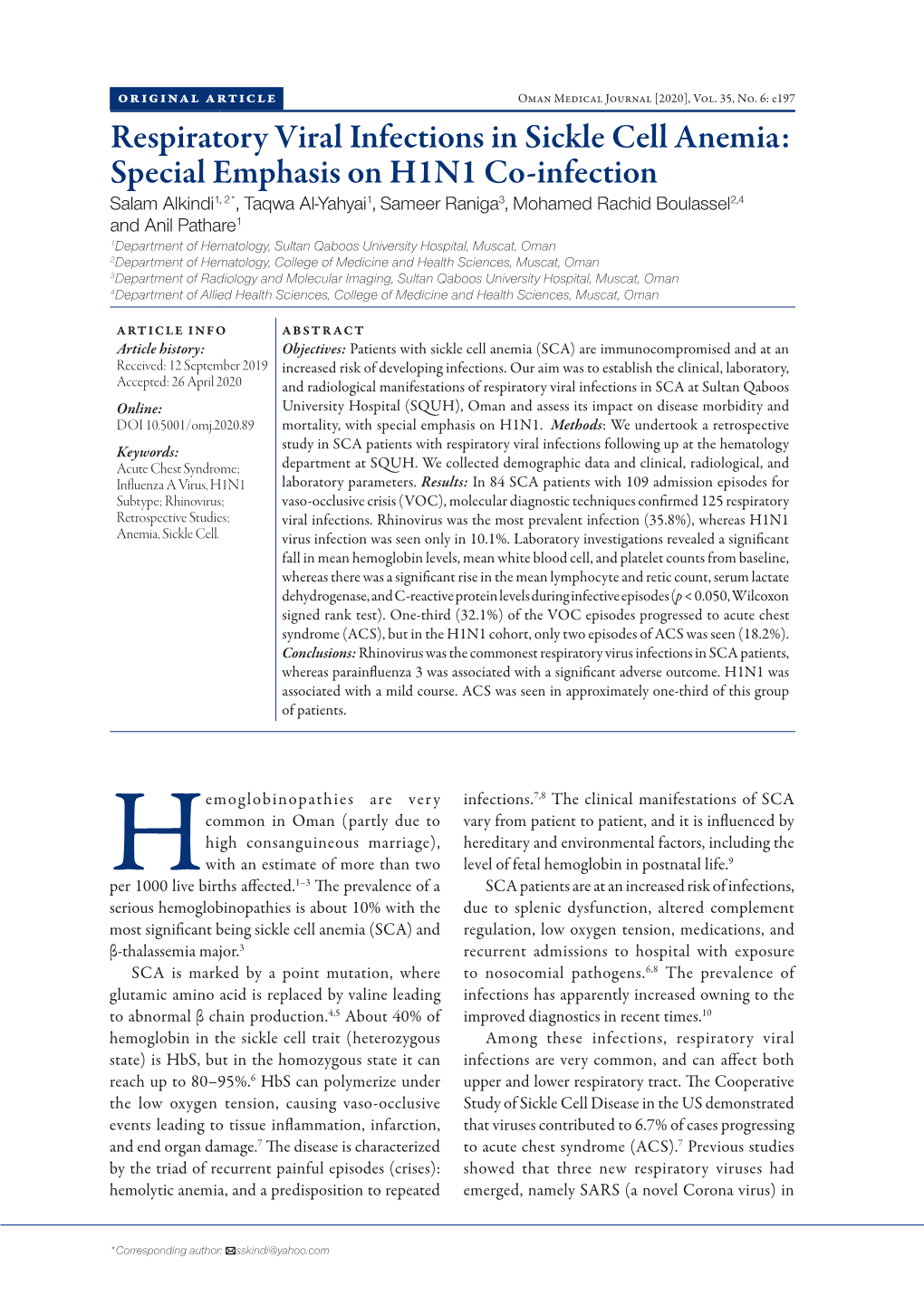 Respiratory Viral Infections in Sickle Cell Anemia