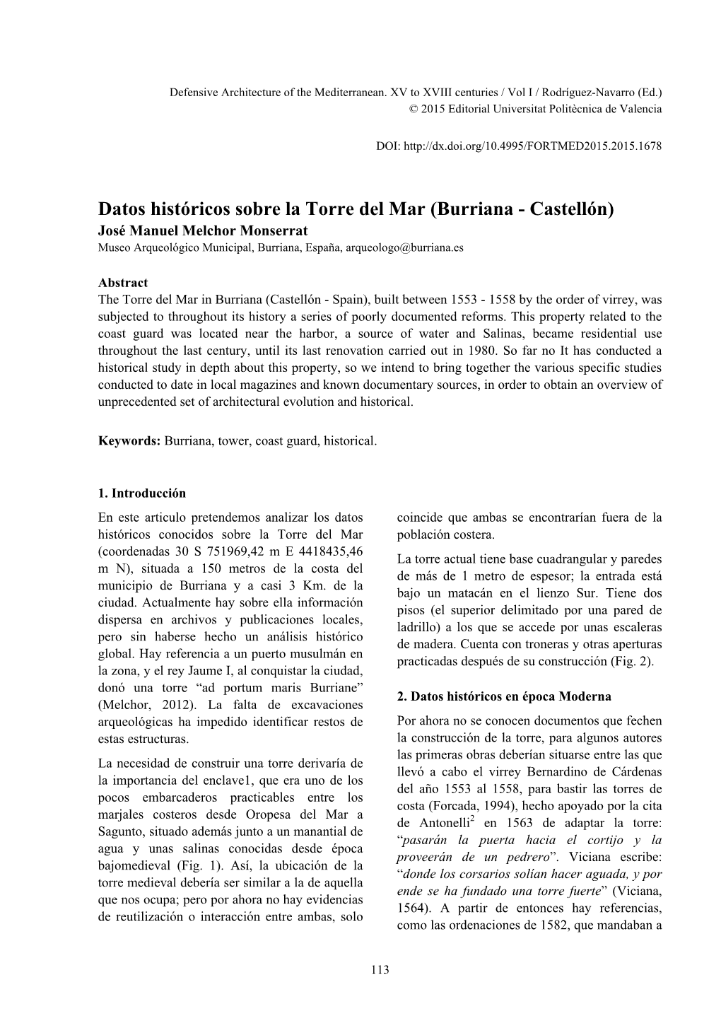 Datos Históricos Sobre La Torre Del Mar (Burriana - Castellón) José Manuel Melchor Monserrat Museo Arqueológico Municipal, Burriana, España, Arqueologo@Burriana.Es