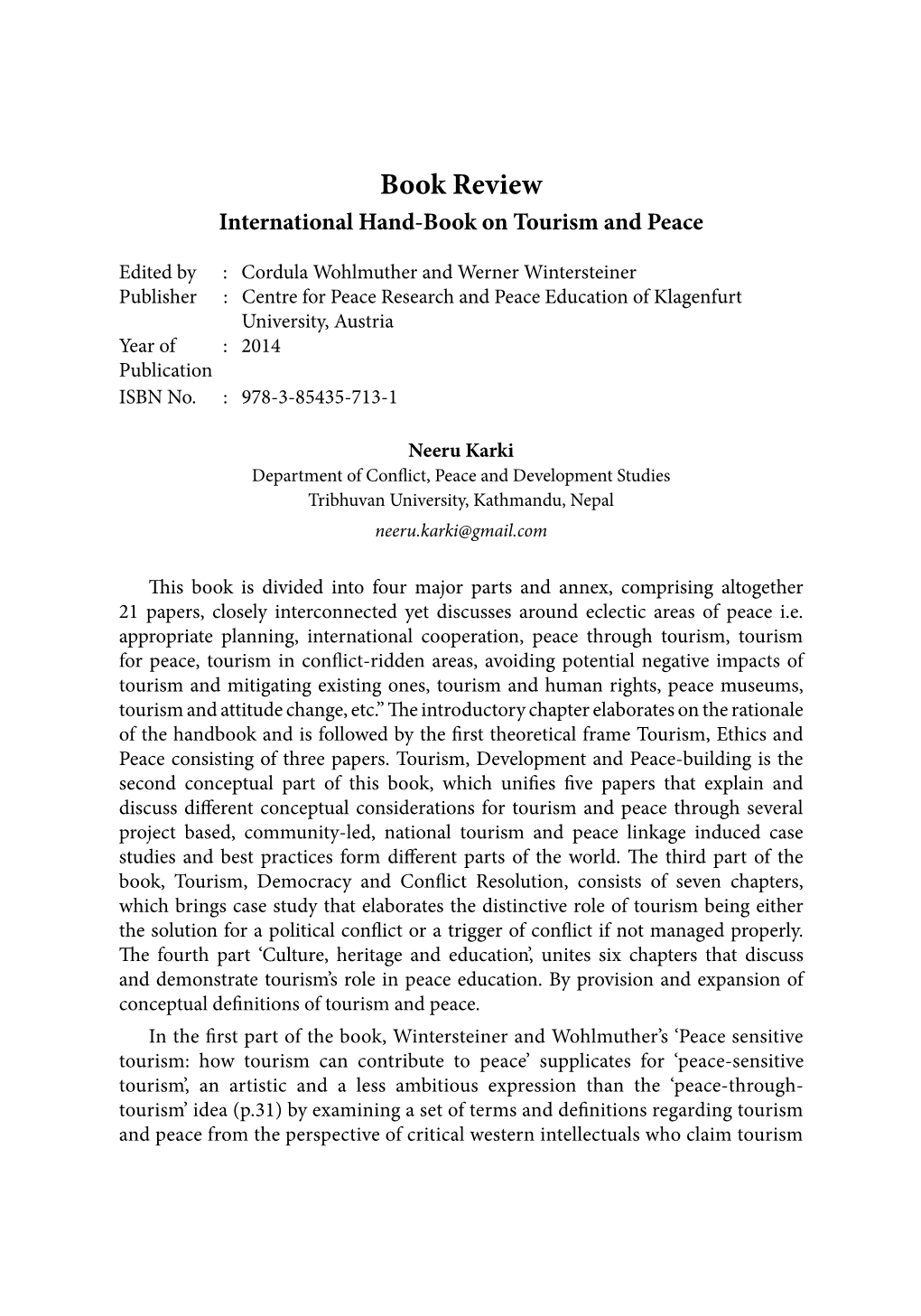 Book Review International Hand-Book on Tourism and Peace