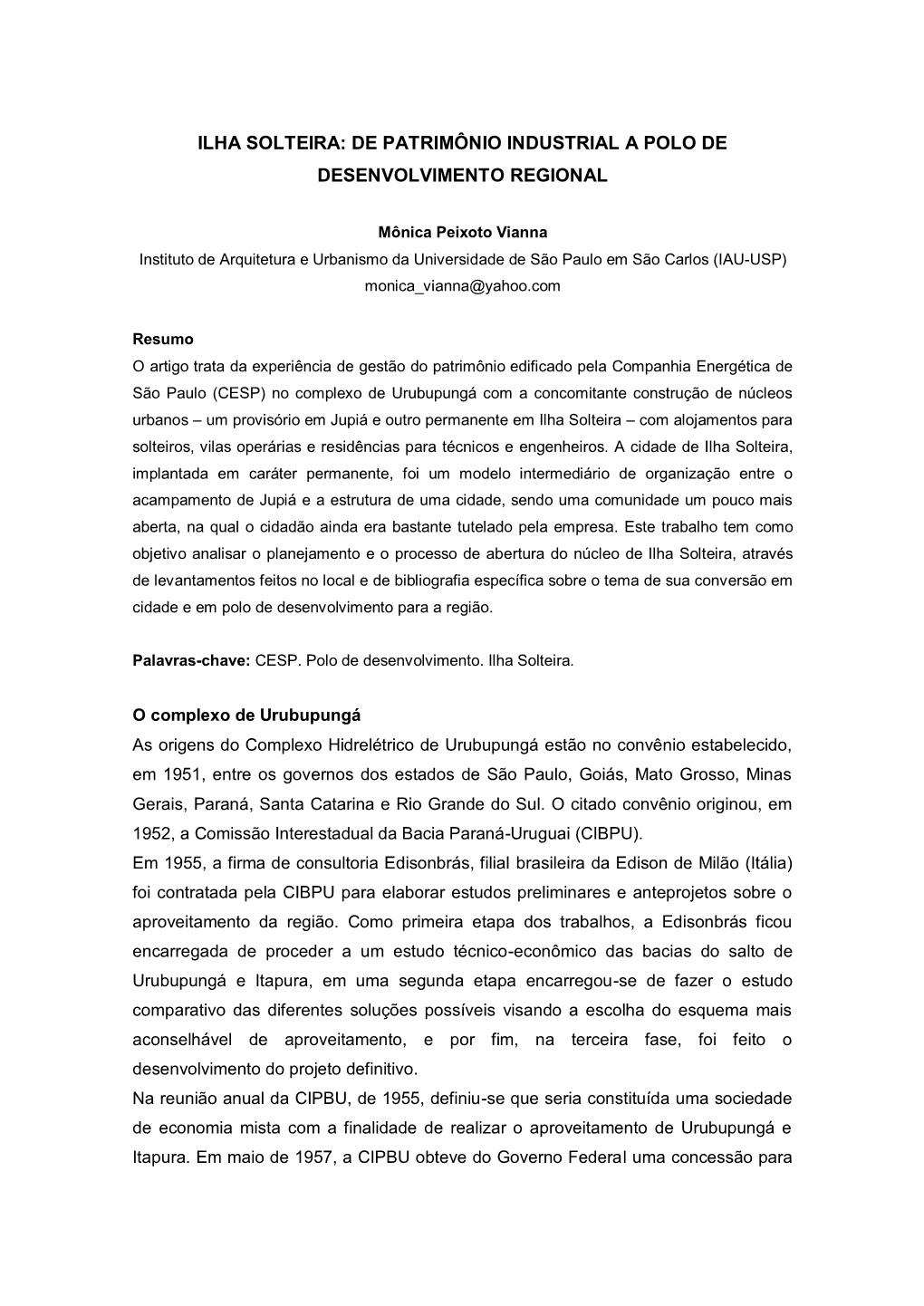 Ilha Solteira: De Patrimônio Industrial a Polo De Desenvolvimento Regional