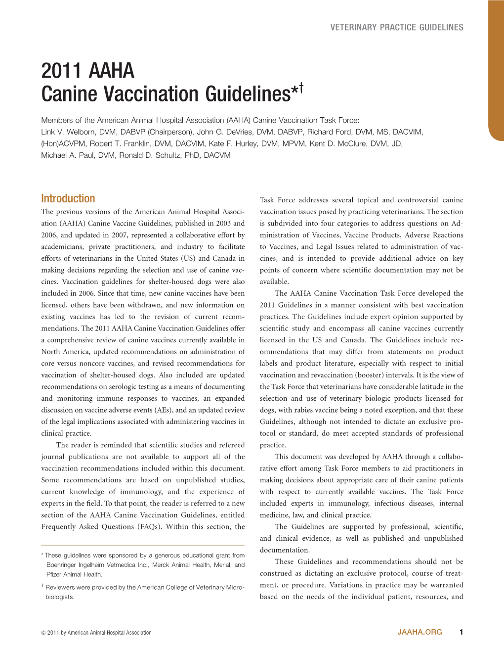 2011 AAHA Canine Vaccination Guidelines*Y