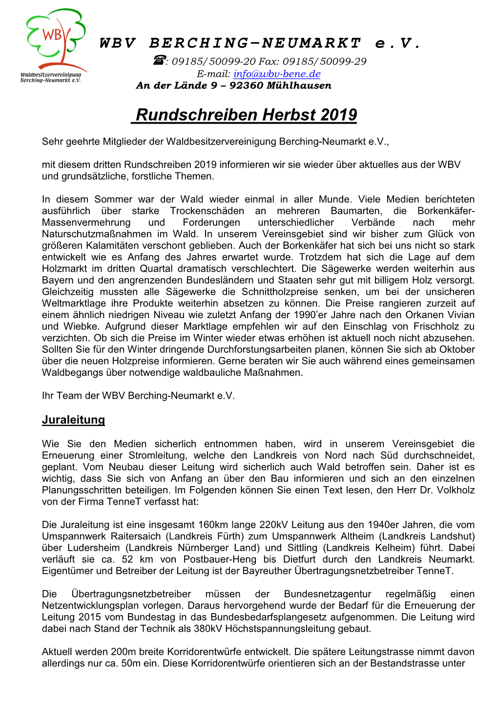WBV BERCHING-NEUMARKT E.V. Rundschreiben Herbst 2019