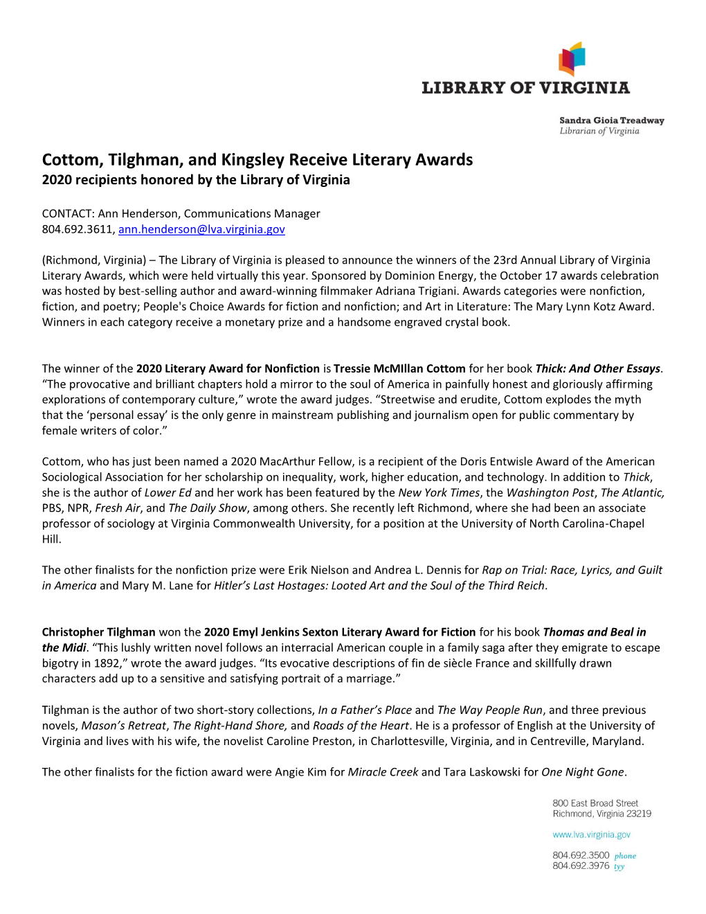 Cottom, Tilghman, and Kingsley Receive Literary Awards 2020 Recipients Honored by the Library of Virginia