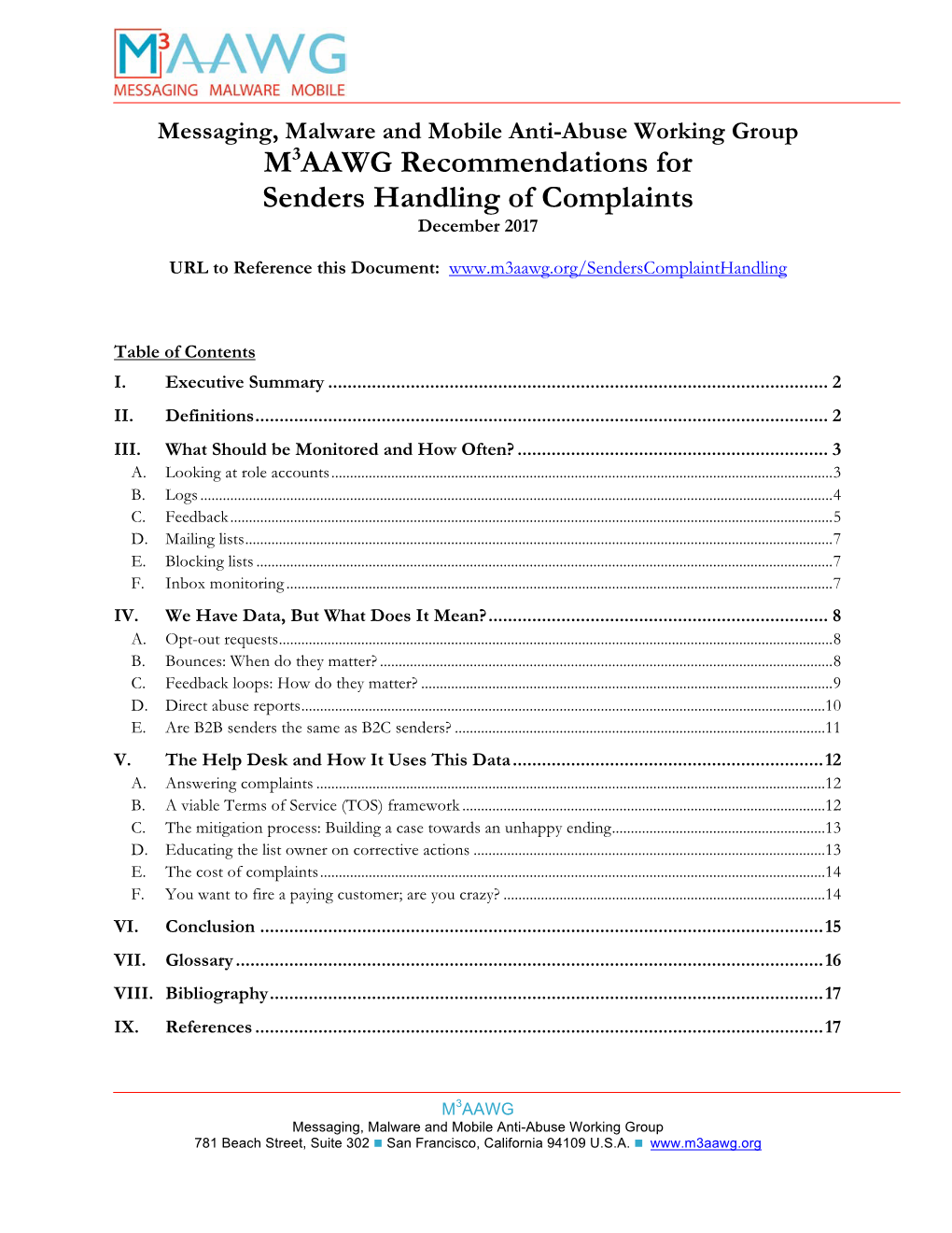 M3AAWG Recommendations for Senders Handling of Complaints December 2017