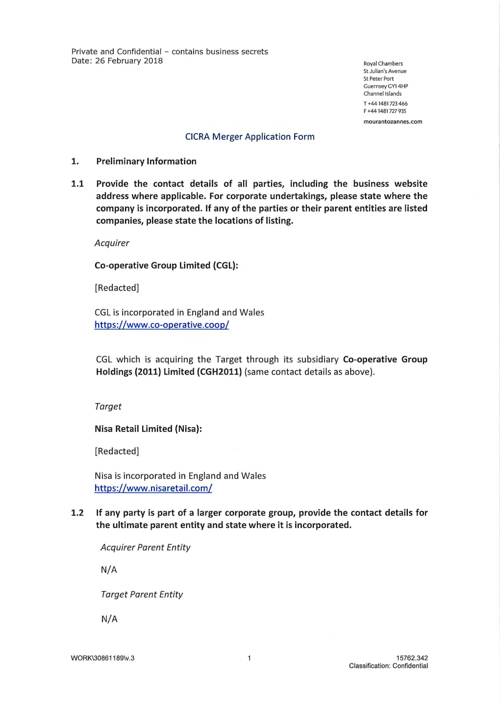 26 February 2018 CICRA Merger Application Form 1. Preliminary