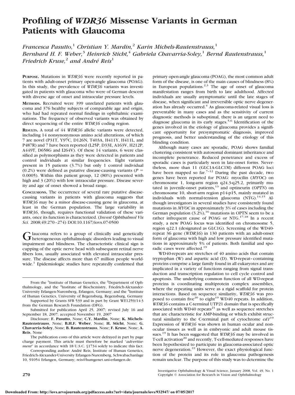 Profiling of WDR36 Missense Variants in German Patients with Glaucoma