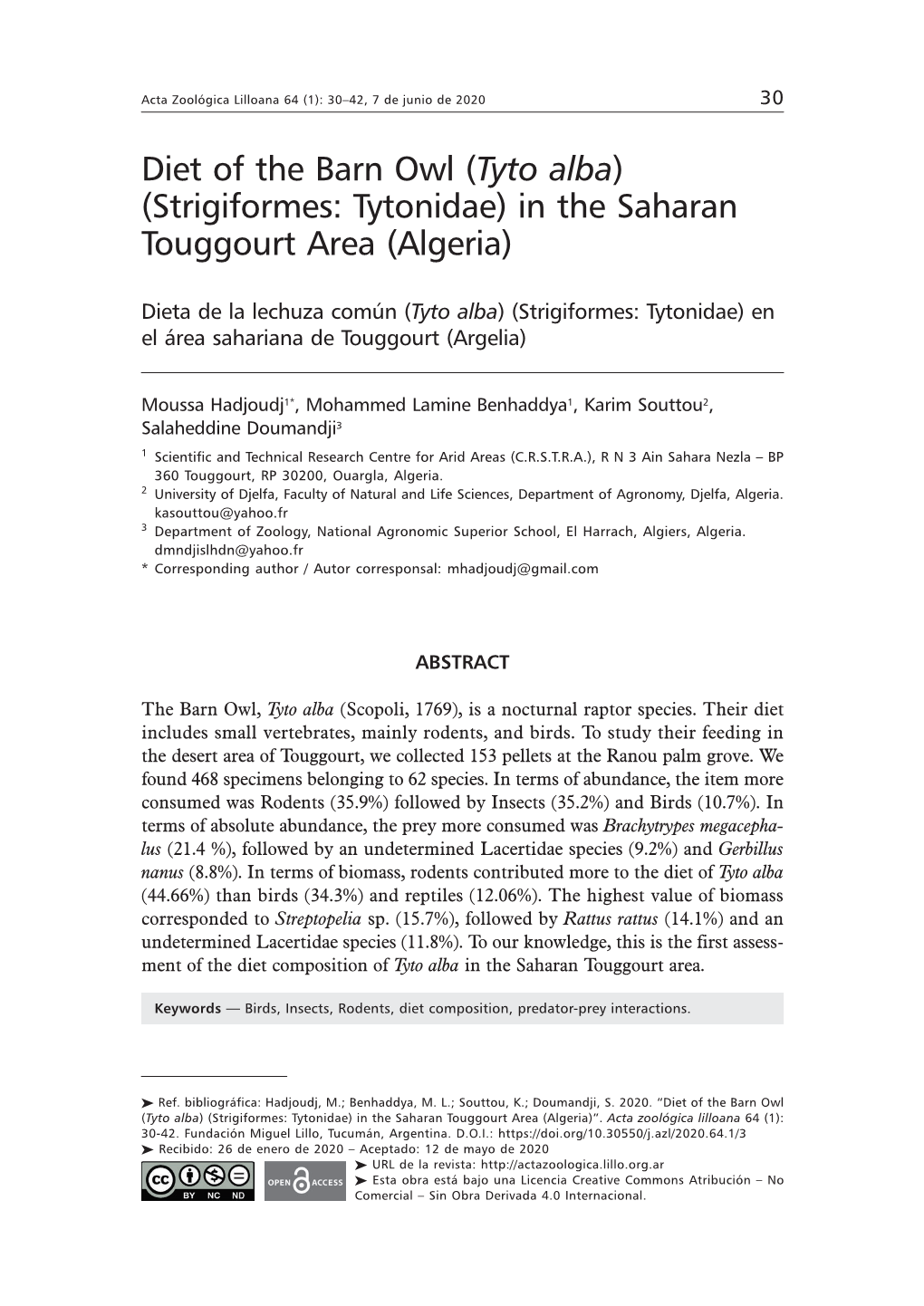 Diet of the Barn Owl (Tyto Alba) (Strigiformes: Tytonidae) in the Saharan Touggourt Area (Algeria)