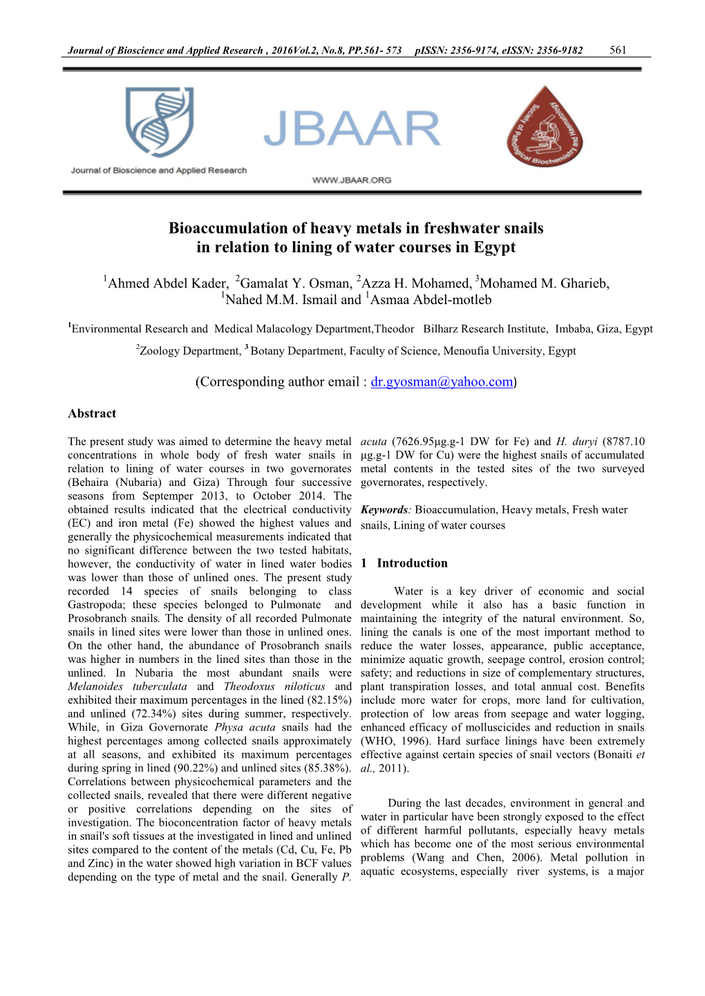 Bioaccumulation of Heavy Metals in Freshwater Snails in Relation to Lining of Water Courses in Egypt