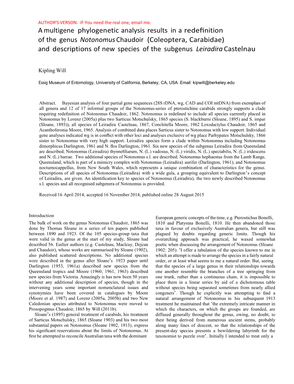 A Multigene Phylogenetic Analysis Results in A