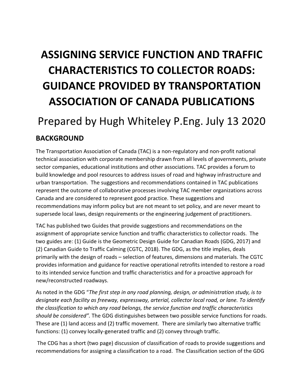 Assigning Service Function and Traffic Characteristics to Collector Roads: Guidance Provided by Transportation Asso