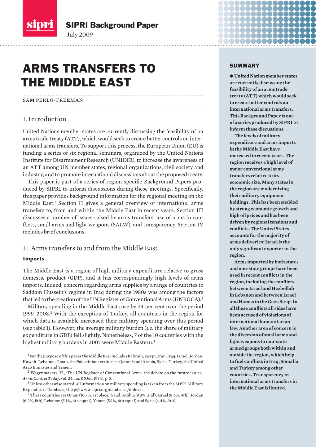Arms Transfers to the Middle East, SIPRI Background Paper