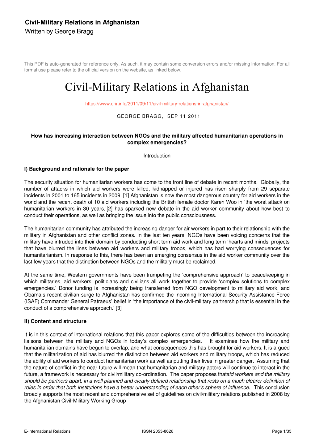 Civil-Military Relations in Afghanistan Written by George Bragg