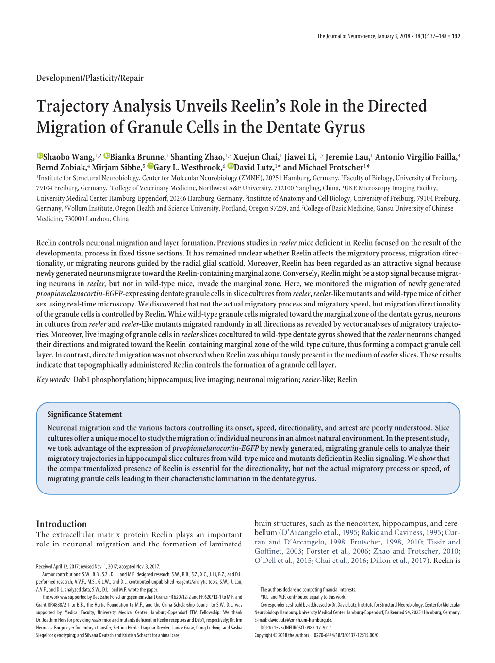 Trajectory Analysis Unveils Reelin's Role in the Directed Migration of Granule Cells in the Dentate Gyrus