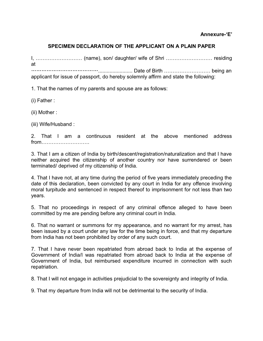 Specimen Declaration of the Applicant on a Plain Paper