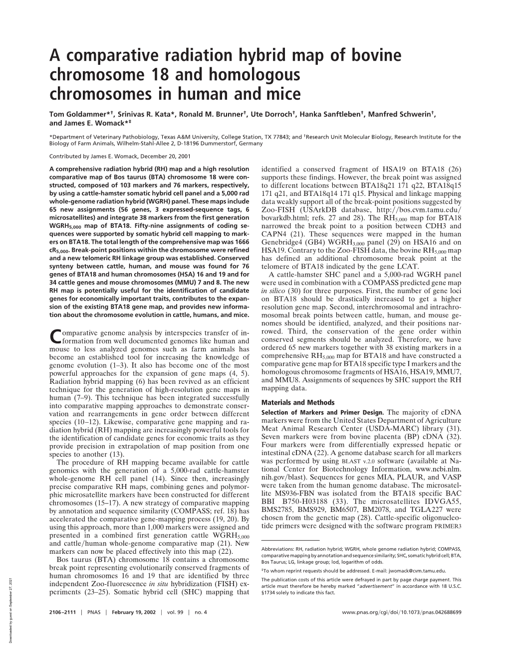 A Comparative Radiation Hybrid Map of Bovine Chromosome 18 and Homologous Chromosomes in Human and Mice