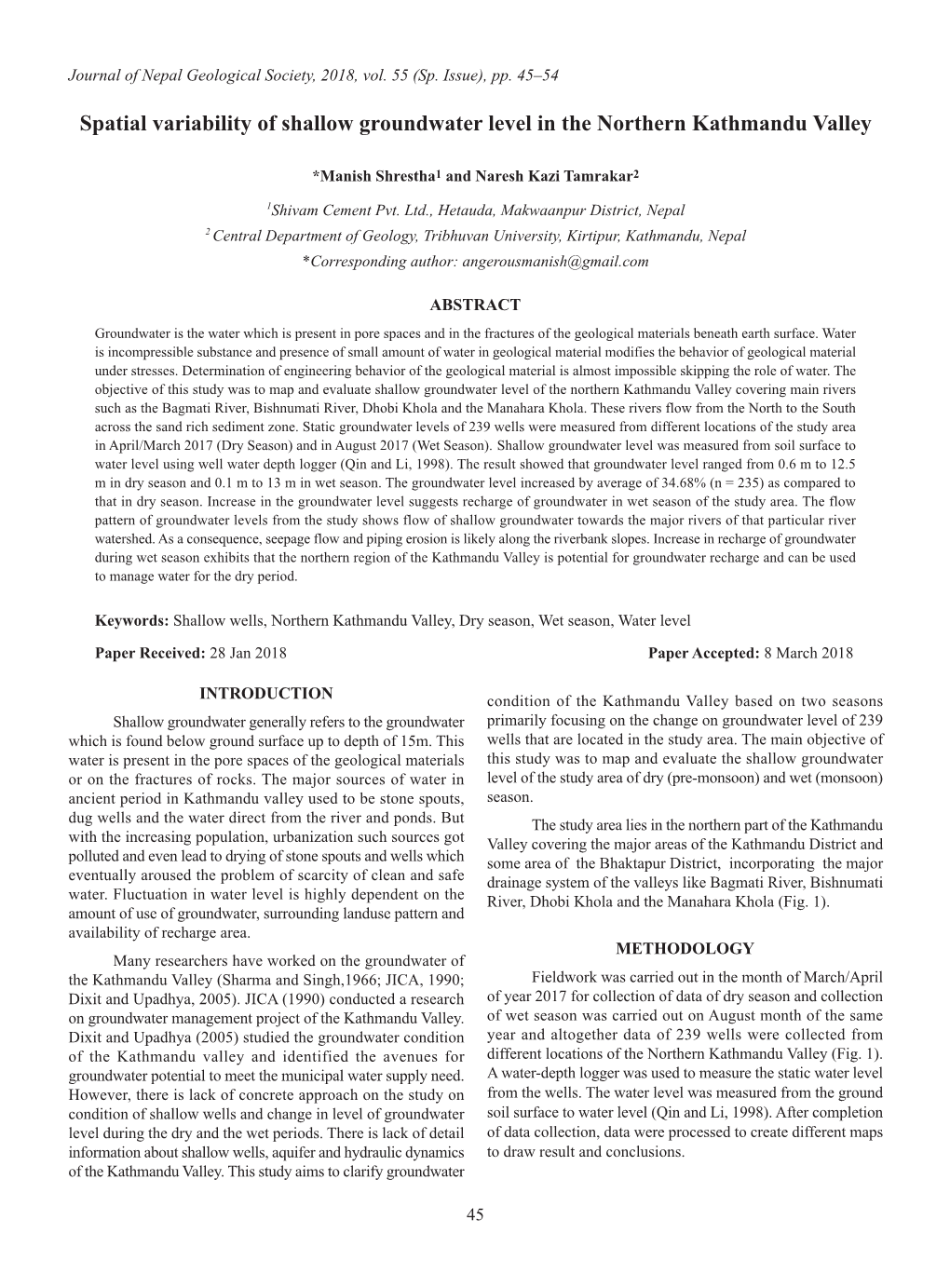 Spatial Variability of Shallow Groundwater Level in the Northern Kathmandu Valley