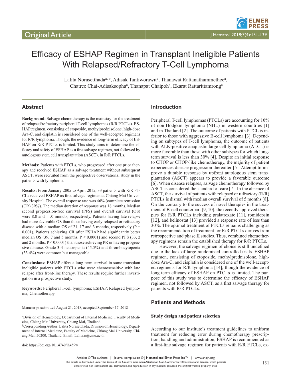 Efficacy of ESHAP Regimen in Transplant Ineligible Patients with Relapsed/Refractory T-Cell Lymphoma