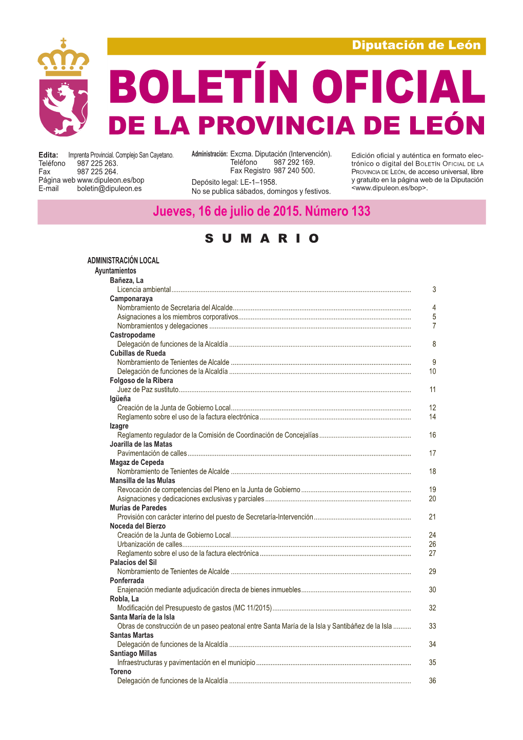 BOLETÍN OFICIAL DE LA PROVINCIA DE LEÓN Edita: Imprenta Provincial