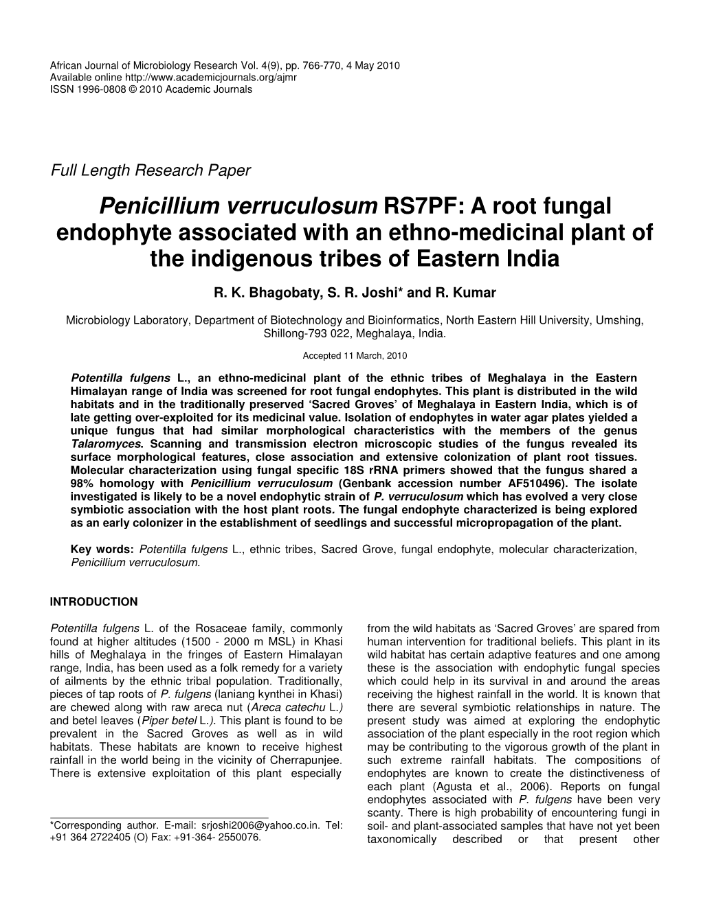 Penicillium Verruculosum RS7PF: a Root Fungal Endophyte Associated with an Ethno-Medicinal Plant of the Indigenous Tribes of Eastern India