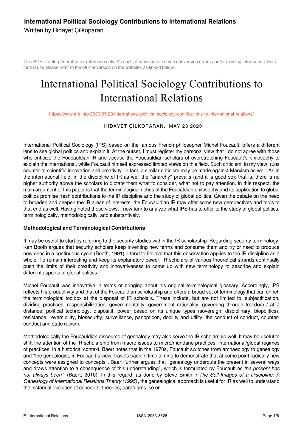 International Political Sociology Contributions to International Relations Written by Hidayet Çilkoparan