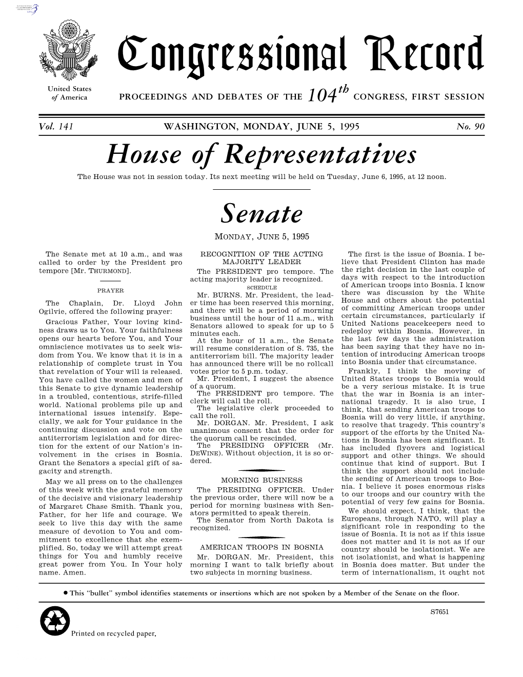 Congressional Record United States Th of America PROCEEDINGS and DEBATES of the 104 CONGRESS, FIRST SESSION