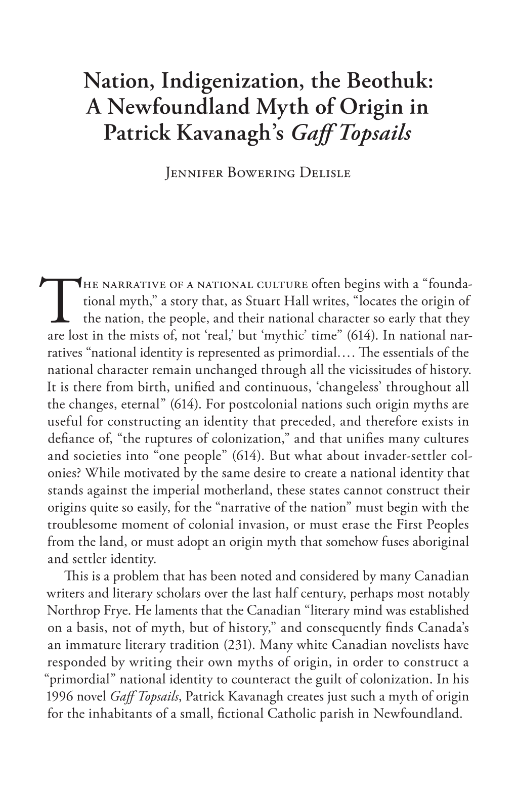 Nation, Indigenization, the Beothuk: a Newfoundland Myth of Origin in Patrick Kavanagh’S Gaff Topsails