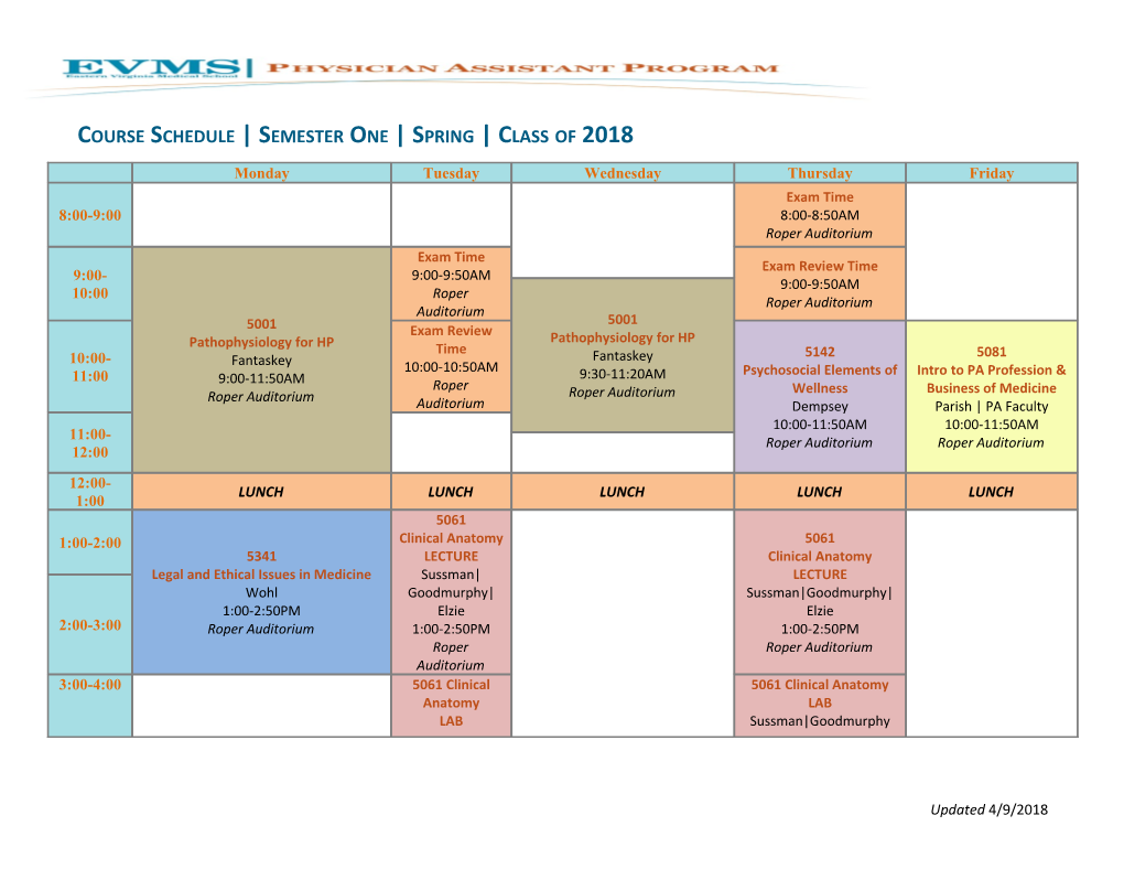 Course Schedule Semester One Spring Class of 2018