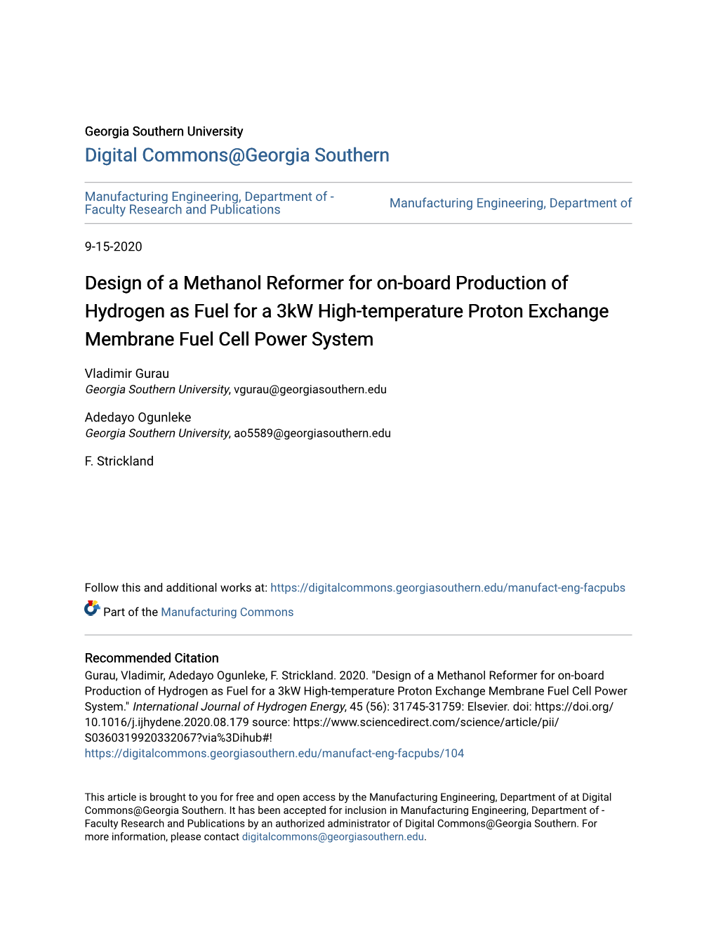 Design of a Methanol Reformer for On-Board Production of Hydrogen As Fuel for a 3Kw High-Temperature Proton Exchange Membrane Fuel Cell Power System