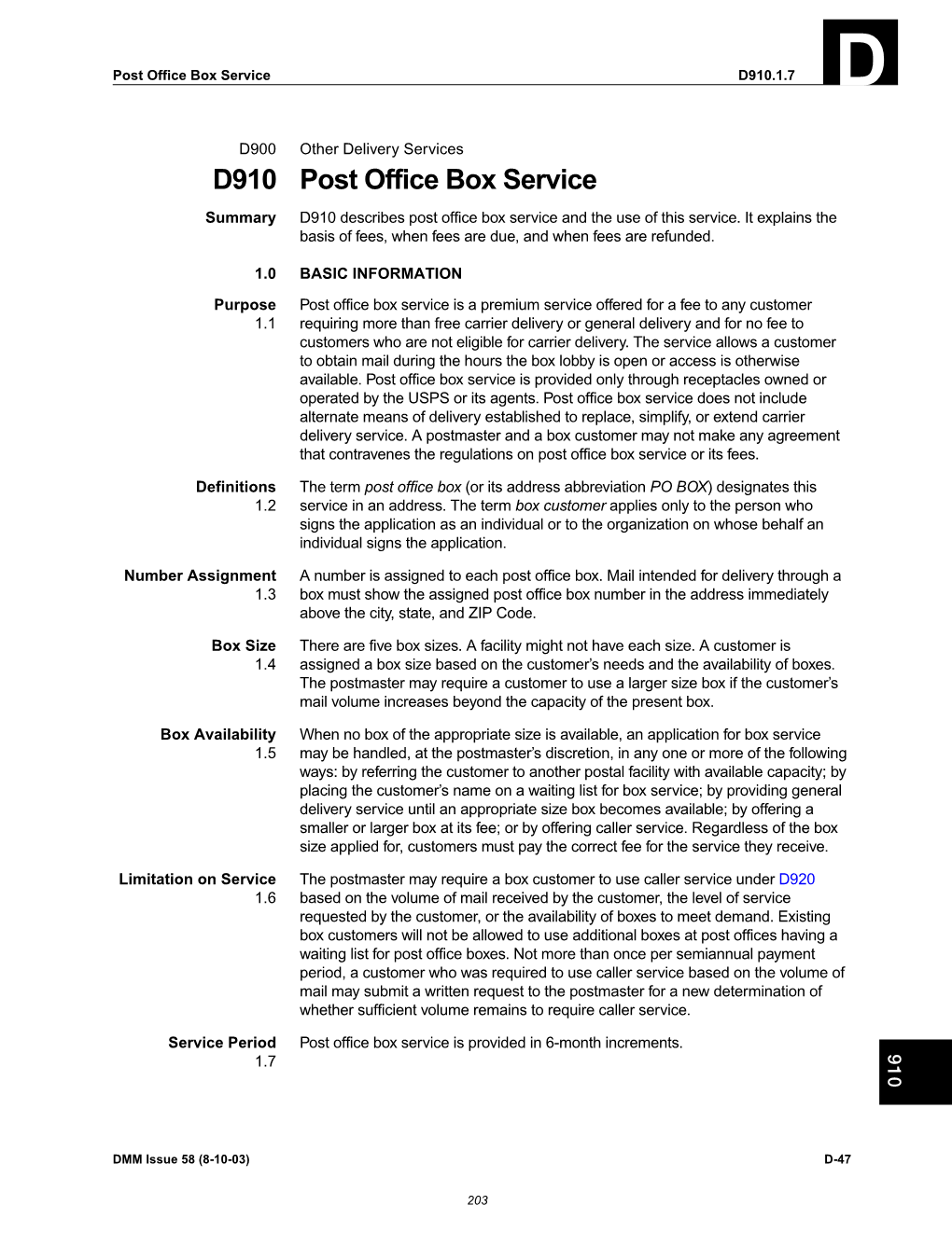 DMM D910 Post Office Box Service