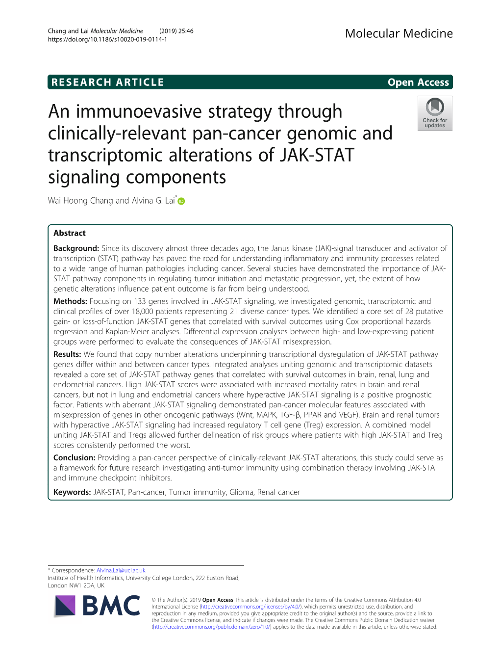 An Immunoevasive Strategy Through Clinically-Relevant Pan-Cancer Genomic and Transcriptomic Alterations of JAK-STAT Signaling Components Wai Hoong Chang and Alvina G