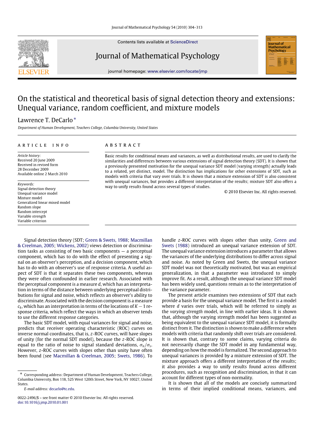 Journal of Mathematical Psychology on the Statistical and Theoretical