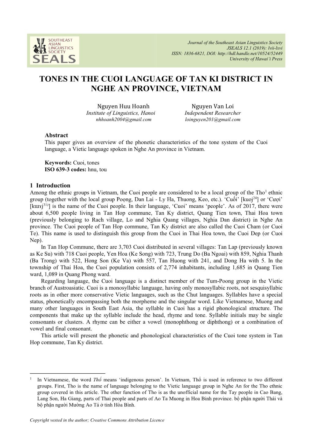 Tones in the Cuoi Language of Tan Ki District in Nghe an Province, Vietnam