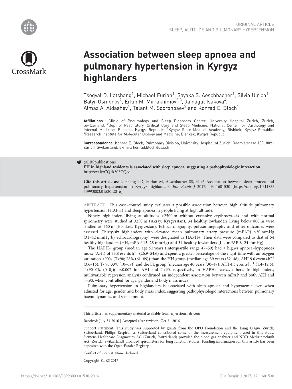 Association Between Sleep Apnoea and Pulmonary Hypertension in Kyrgyz Highlanders