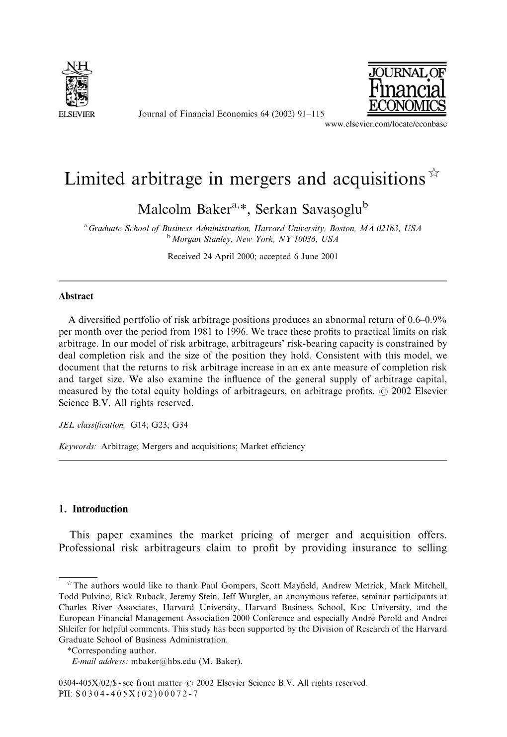 Limited Arbitrage in Mergers and Acquisitions$