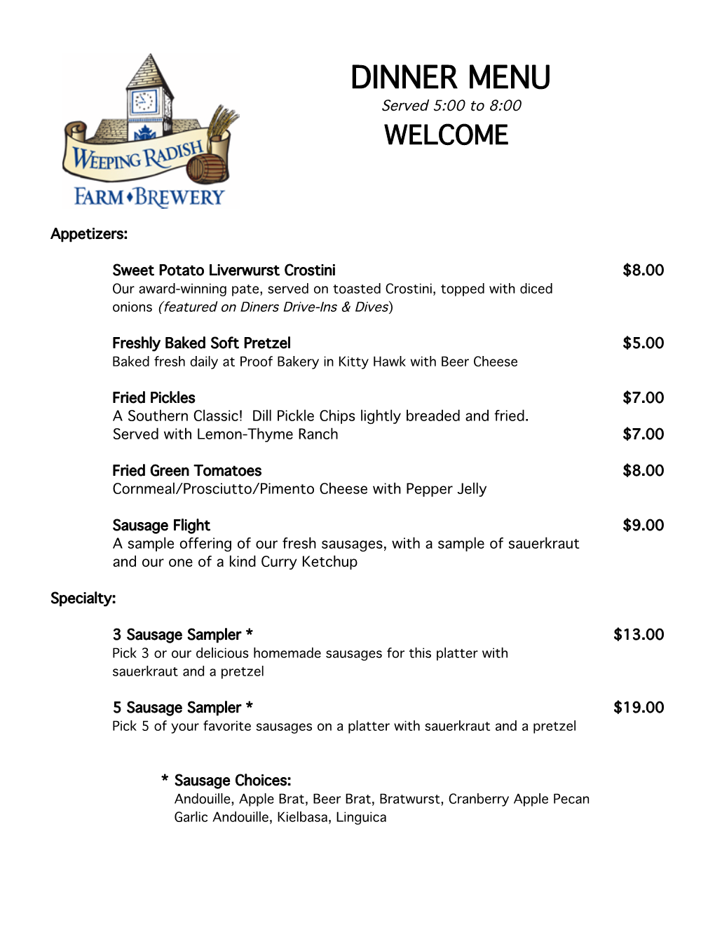 DINNER MENU Served 5:00 to 8:00 WELCOME